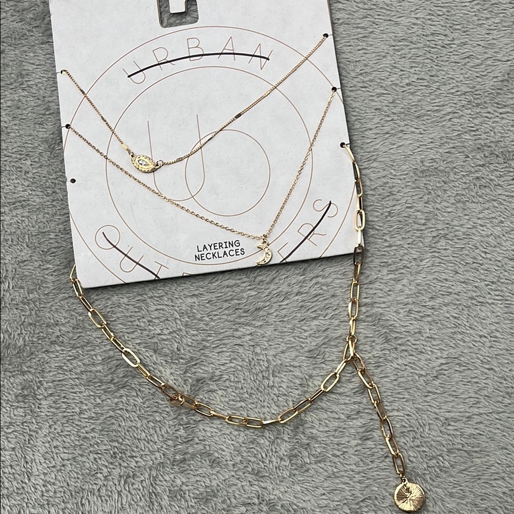 NEW Urban Outfitters Gold Layering Necklaces Moon, Evil‎ Eye Fashion Jewelry